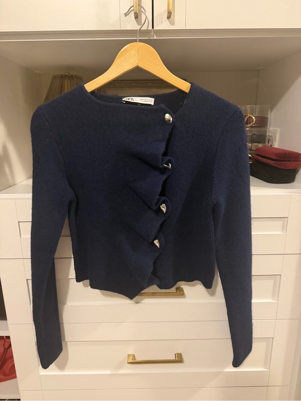 Zara Navy Ruffle-Front Button Cardigan - Picture 1 of 6